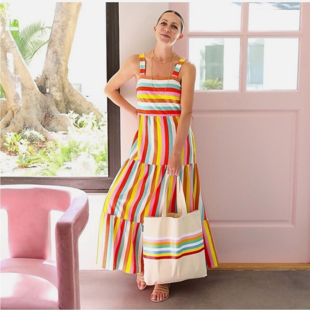 J. Crew Rainbow Striped Tiered Maxi Dress Colorful Flowy Pockets Midi Cotton - Picture 3 of 16